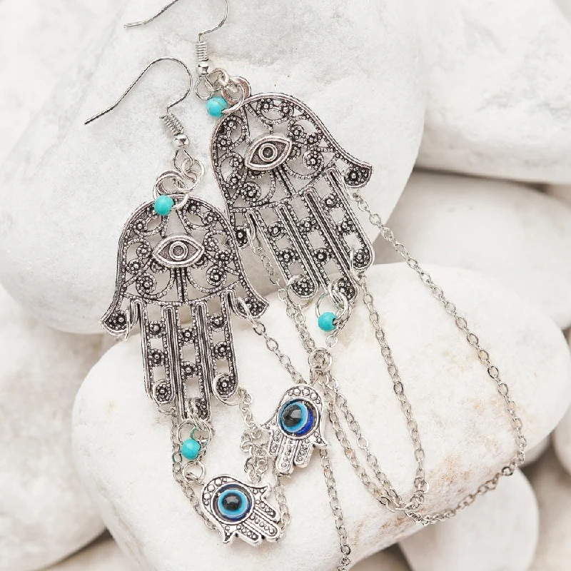 Ladies earrings titanium options-Spiritual Hamsa Evil Eye Earrings