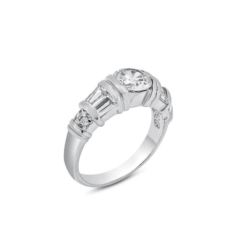 Ladies rings social media trends-Rhodium Plated 925 Sterling Silver Clear Baguette Round CZ Ring - BGR00007