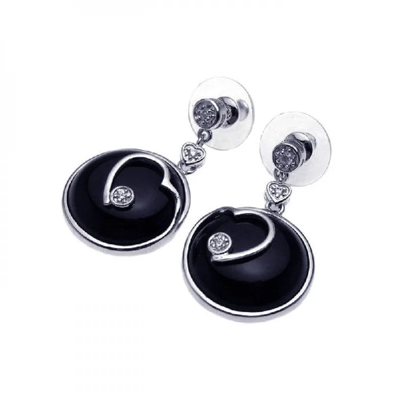 Ladies earrings care advice-Clearance-Silver 925 Rhodium Plated Heart Black Onyx CZ Dangling Earrings - BGE00092