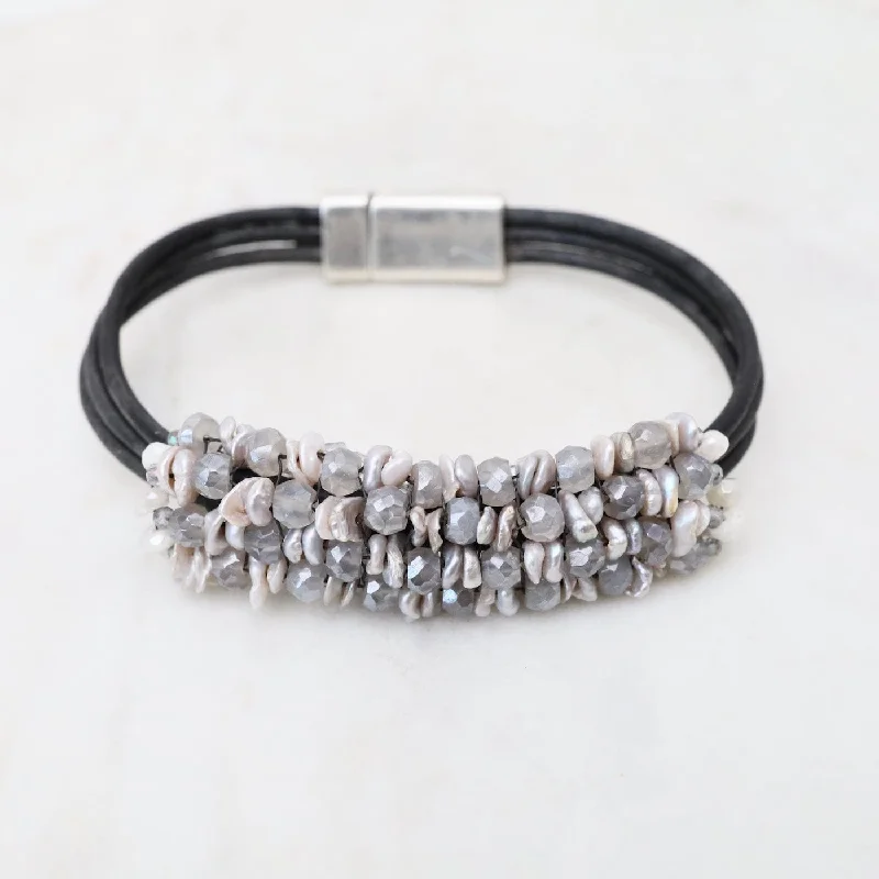 Ladies bracelets anniversary picks-Hand Stitched Kishi Pearls & Mystic Grey Moonstone Black Leather Bracelet