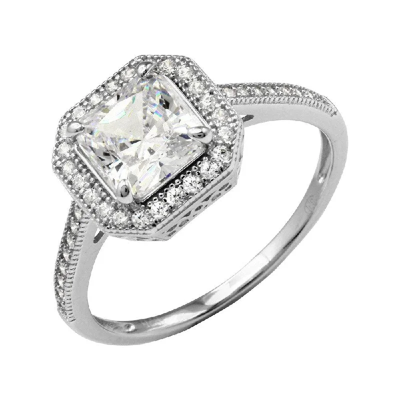 Ladies rings worldwide appeal-Rhodium Plated 925 Sterling Silver Square Halo Ring with CZ Shank - GMR00209