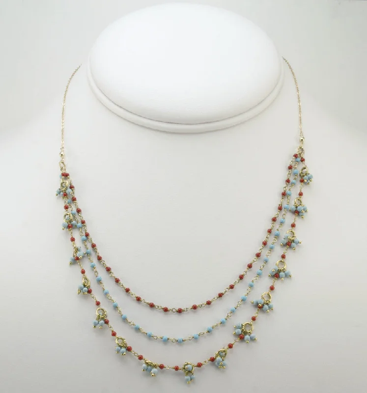 Ladies necklaces long chains-Turquoise & Coral 3 Layers Necklace