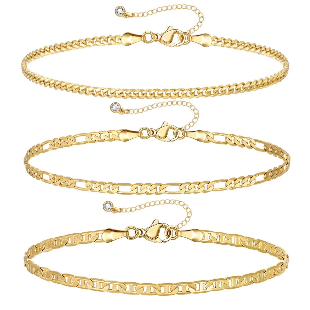 Ladies bracelets global brands-Dainty 14k Gold Plated Layering Anklets Bracelets Set- Stud & 3mm Cuban & Figaro