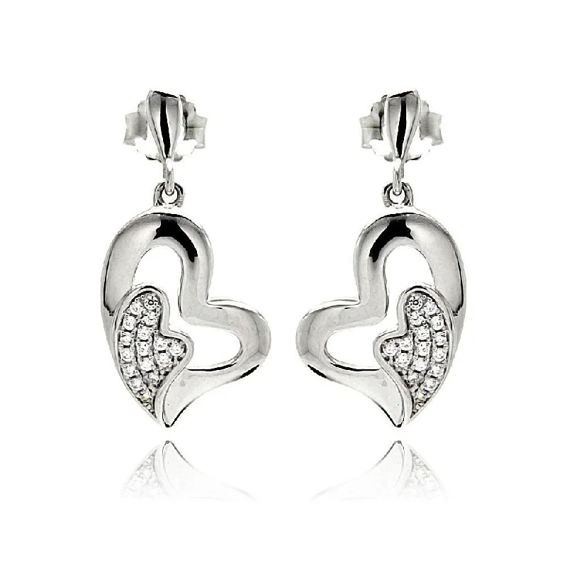 Ladies earrings openwork patterns-Silver 925 Rhodium Plated Micro Pave Clear Heart Inlay CZ Dangling Earrings - ACE00077