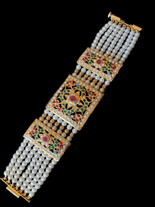 Ladies bracelets jade accents-B66 Saira jadau bracelet in navratan with pearls    ( READY TO SHIP  )