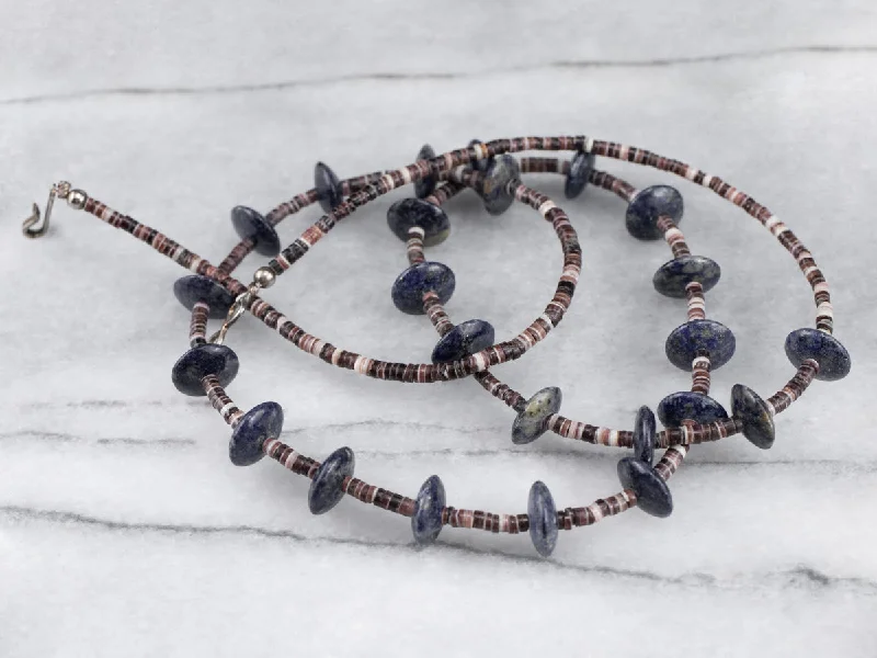 Ladies necklaces group designs-Lapis and Heishi Shell Beaded Necklace