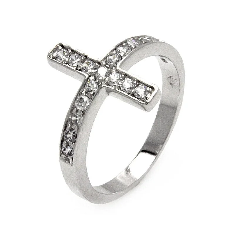 Ladies rings care tips-Silver 925 Rhodium Plated Clear Pave Set CZ Cross Ring - BGR00536