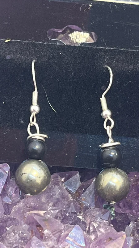 Ladies earrings Asian styles-Pyrite and Shungite Sterling Silver Hooks  Earrings