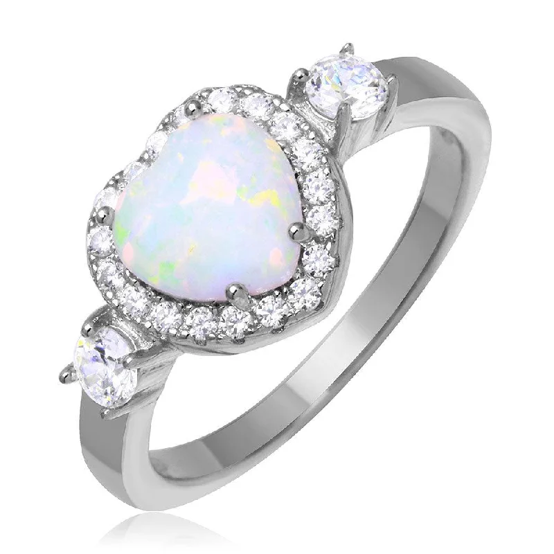 Ladies rings silver finishes-Rhodium Plated 925 Sterling Silver Halo Heart Ring with Synthetic Opal and CZ - BGR01043