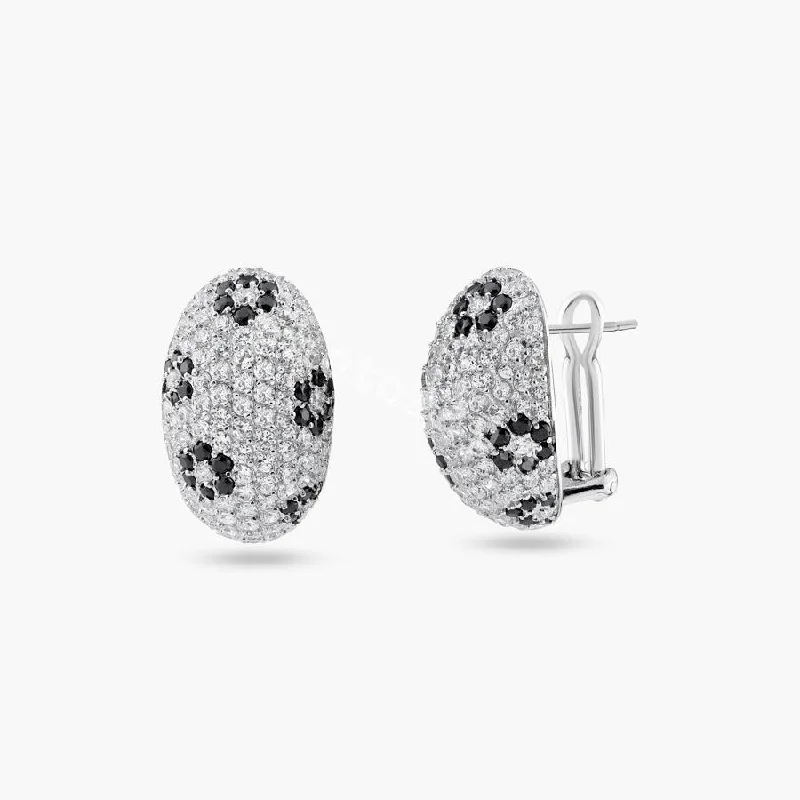 Ladies earrings diamond accents-Clearance-Silver 925 Rhodium Plated Oval Black and Clear CZ Lever Back Earrings - BGE00097