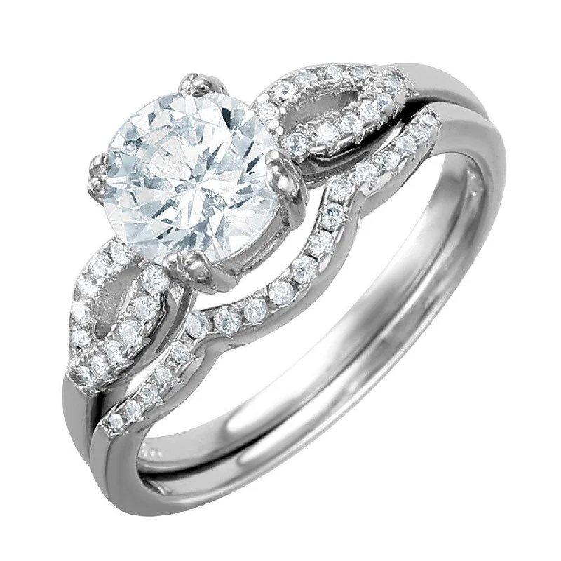 Ladies rings global brands-Silver 925 Rhodium Plated Open Wave Design Band Round CZ Center Bridal Ring - BGR01001