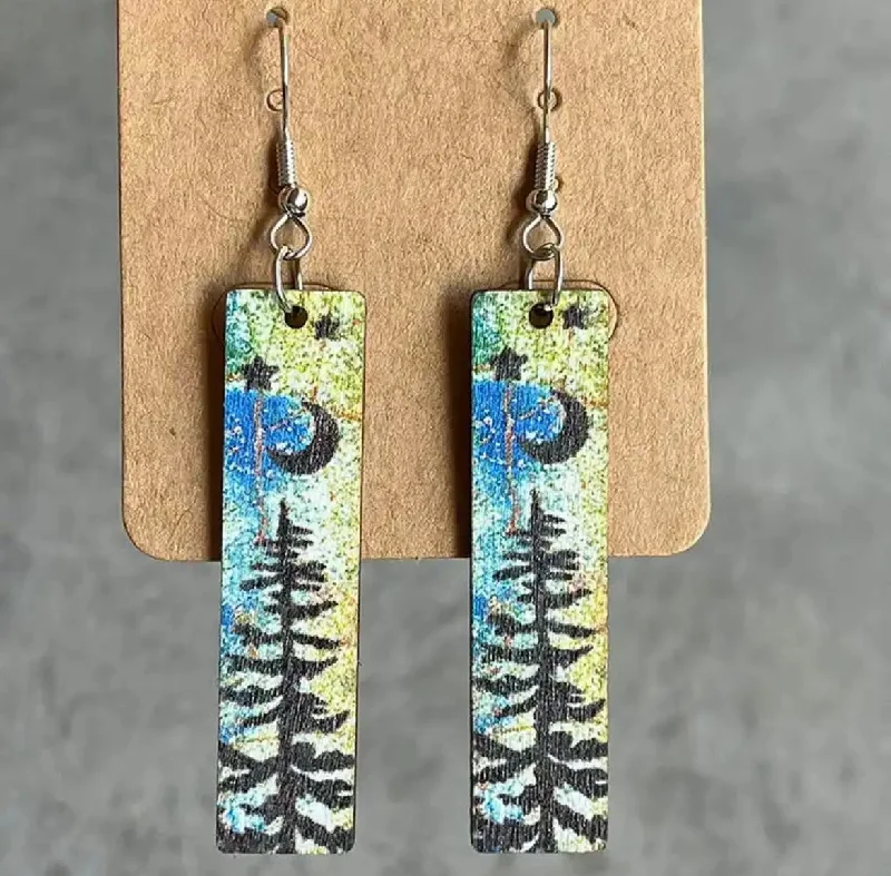 Ladies earrings everyday wear-Rectangle Wooden Moonlit Tree Earrings