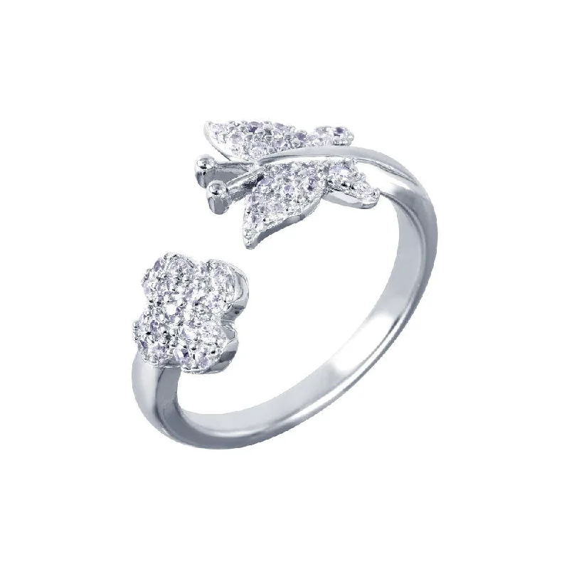 Ladies rings subtle luxury-Silver 925 Rhodium Plated Butterfly and Flower Open Ring with CZ Accents - BGR00987