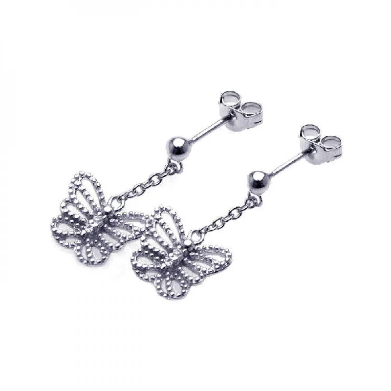 Ladies earrings wedding styles-Silver 925 Rhodium Plated Butterfly CZ Dangling Wire Post Earrings - STE00527