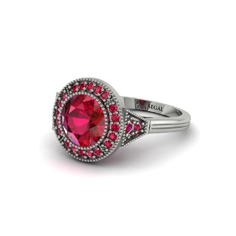 Ladies engagement rings gold designs-Round Cut Ruby Milgrain Halo Engagement Ring - Maggie No. 57