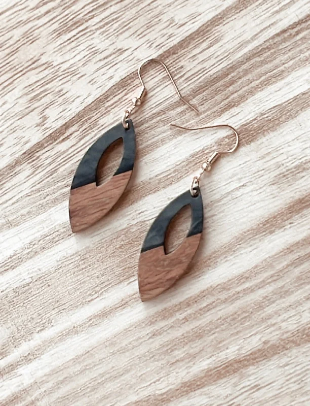 Ladies earrings online shopping-Oval Wood and Charcoal Drop Earrings