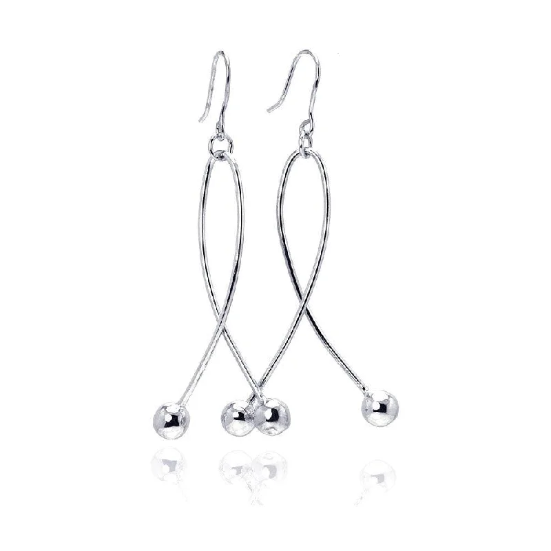 Ladies earrings pure silver-Silver 925 Rhodium Plated Twisted Dangling Two Hanging Balls Hook Earrings - DSE00031