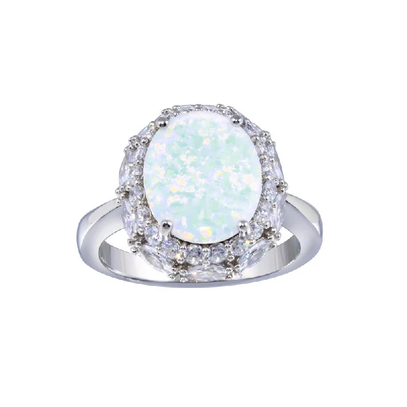 Ladies rings wedding accessories-Rhodium Plated 925 Sterling Silver Opal and Clear CZ Ring - BGR01332