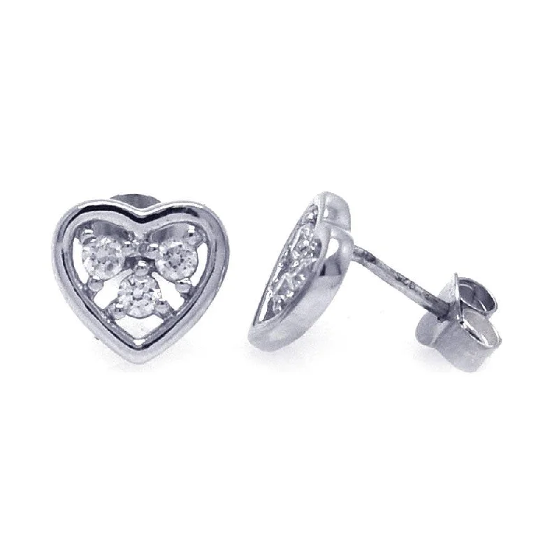 Ladies earrings natural stones-Silver 925 Rhodium Plated Three Clear Round CZ Heart Post Earrings - STE00700