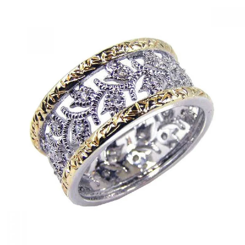 Ladies rings designer labels-Silver 925 Rhodium and Gold Plated Border CZ Tulip Flower Ring - STR00329