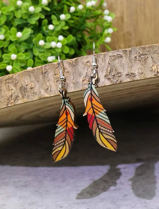 Ladies earrings birthday surprises-Wooden Painted Feather Earrings