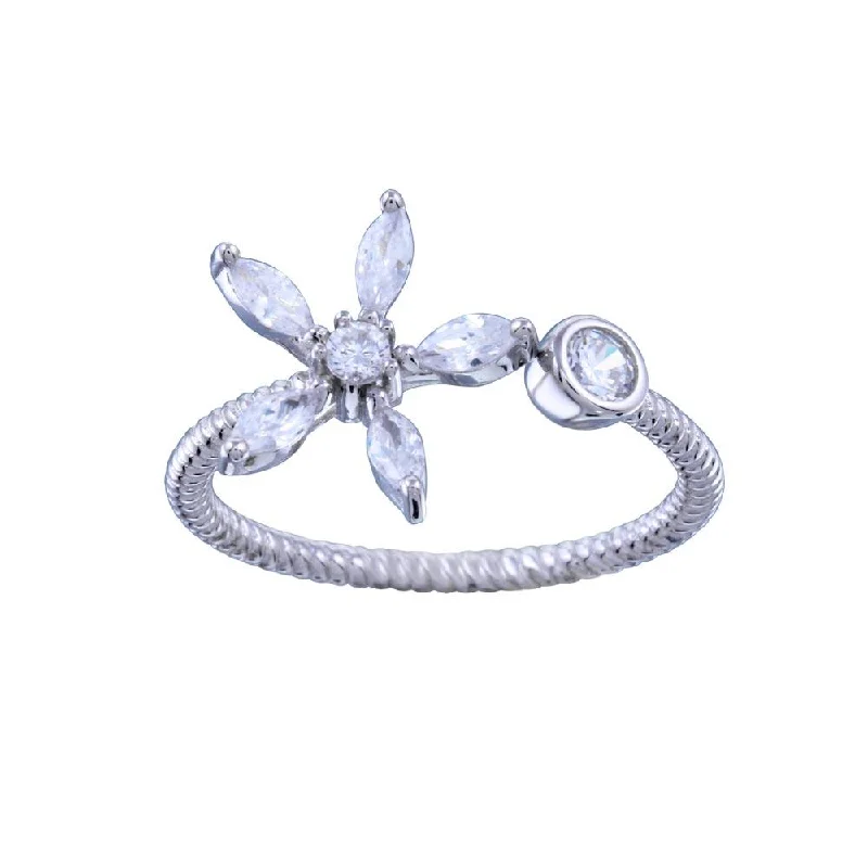 Ladies rings buying advice-Rhodium Plated 925 Sterling Silver CZ  Flower Open Ring - STR01151