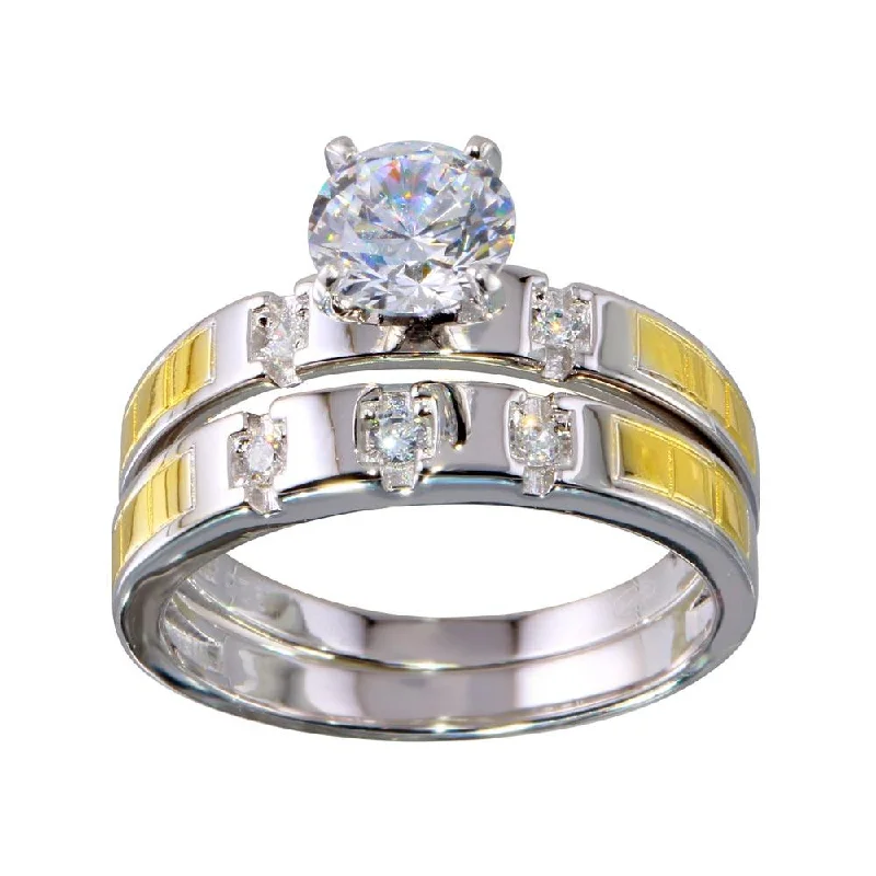 Ladies rings girlfriend surprises-Two-Tone 925 Sterling Silver Stackable CZ Double Ring - GMR00264RG