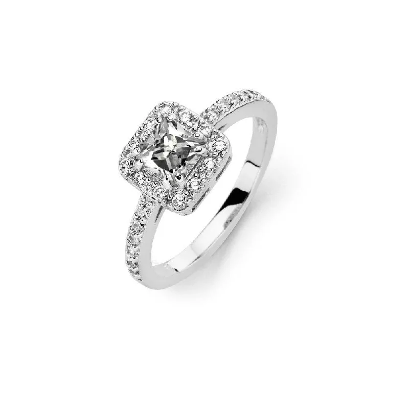 Ladies rings gift ideas-Silver 925 Rhodium Plated Clear Micro Pave Set and Square Center CZ Bridal Ring - BGR00736