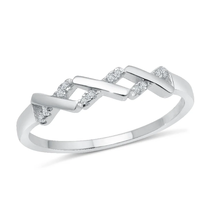 Ladies rings holiday gifts-Rhodium Plated 925 Sterling Silver ZigZag Pattern Ring with CZ - BGR01192