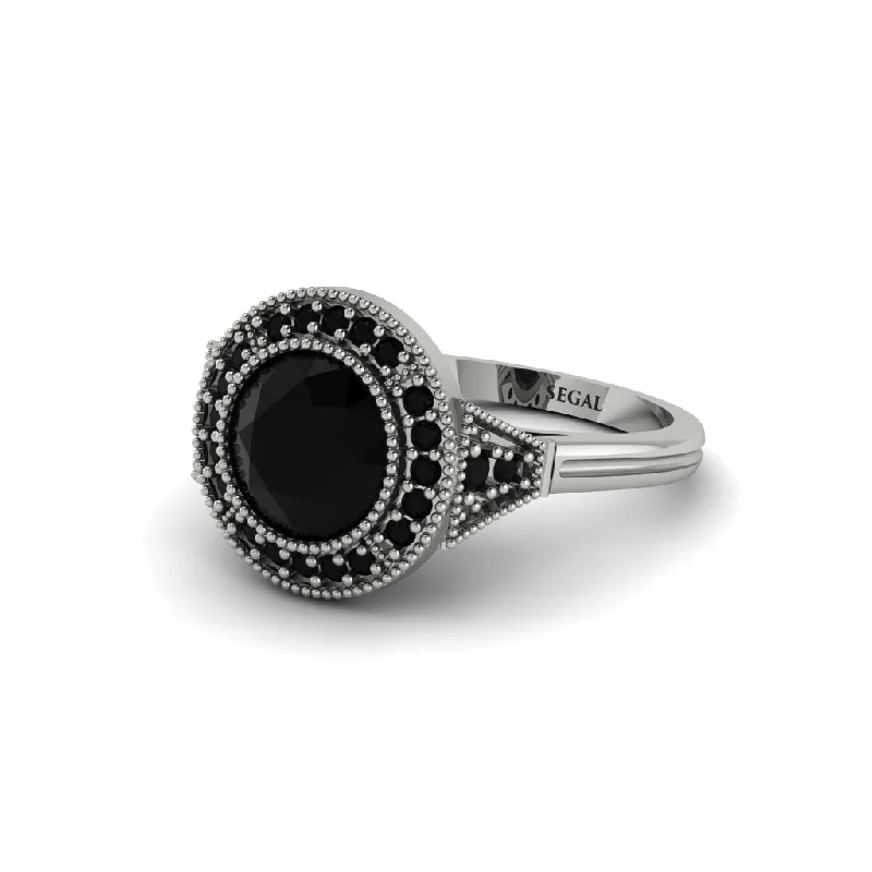 Ladies engagement rings natural gems-Round Cut Black Diamond Milgrain Halo Engagement Ring - Maggie No. 39