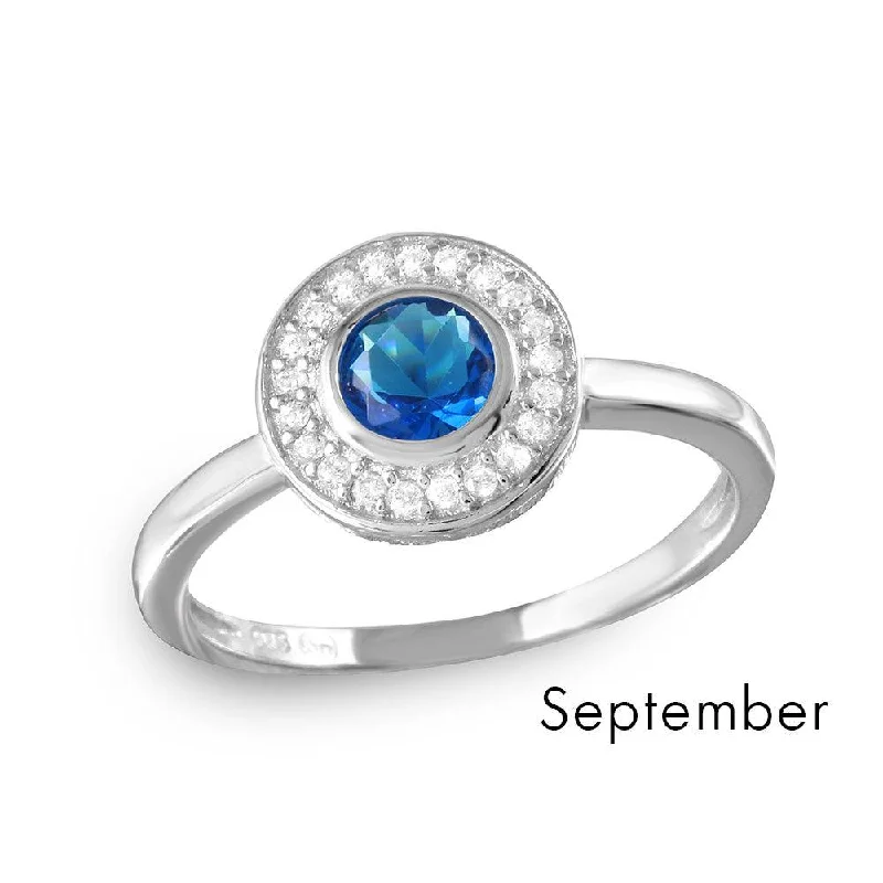 Ladies rings pure silver-September Sterling Silver 925 Rhodium Plated CZ Center Birthstone Halo Ring - BGR01082SEP