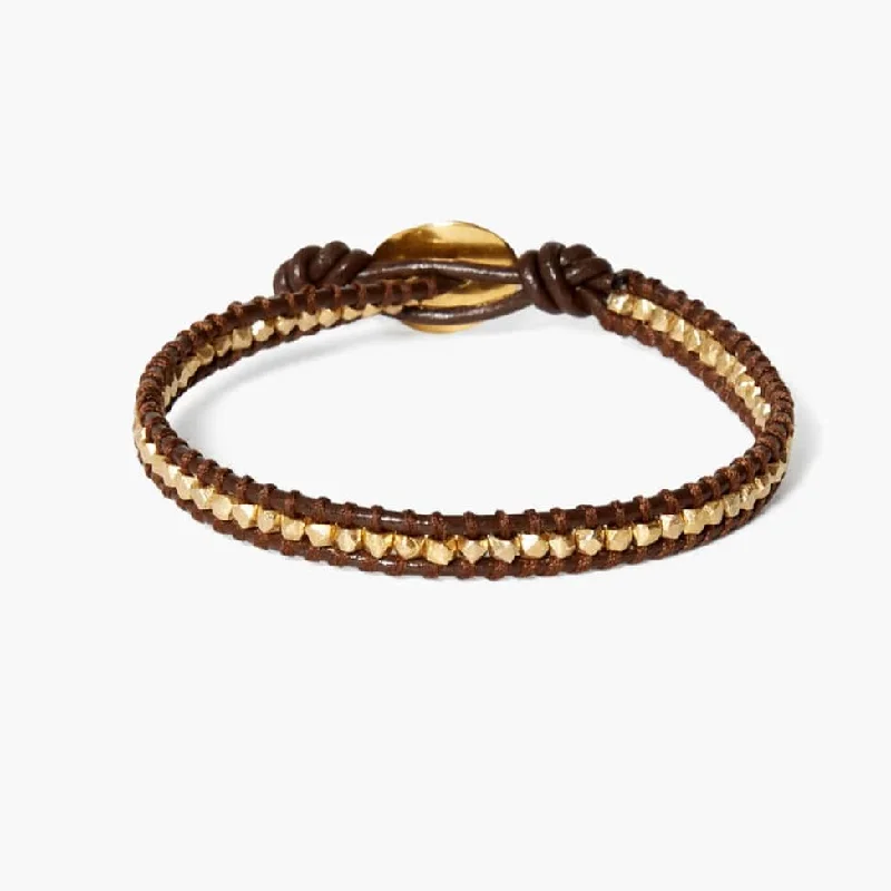 Ladies bracelets European flair-Single Vermeil Nugget Wrap Bracelet with Brown Leather