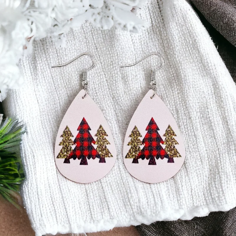 Ladies earrings fashion trends-Leather Christmas Tree Drop Earrings