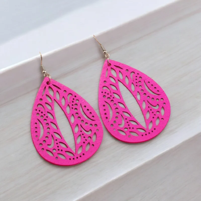 Ladies earrings customer reviews-Hot Pink Hollow Out Wooden Earrings