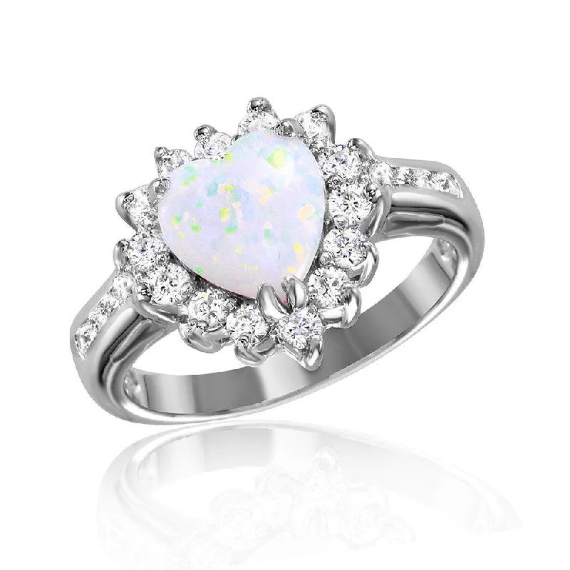 Ladies rings group designs-Silver 925 Rhodium Plated Halo Heart with Synthetic Opal Center Stone Ring - BGR01026