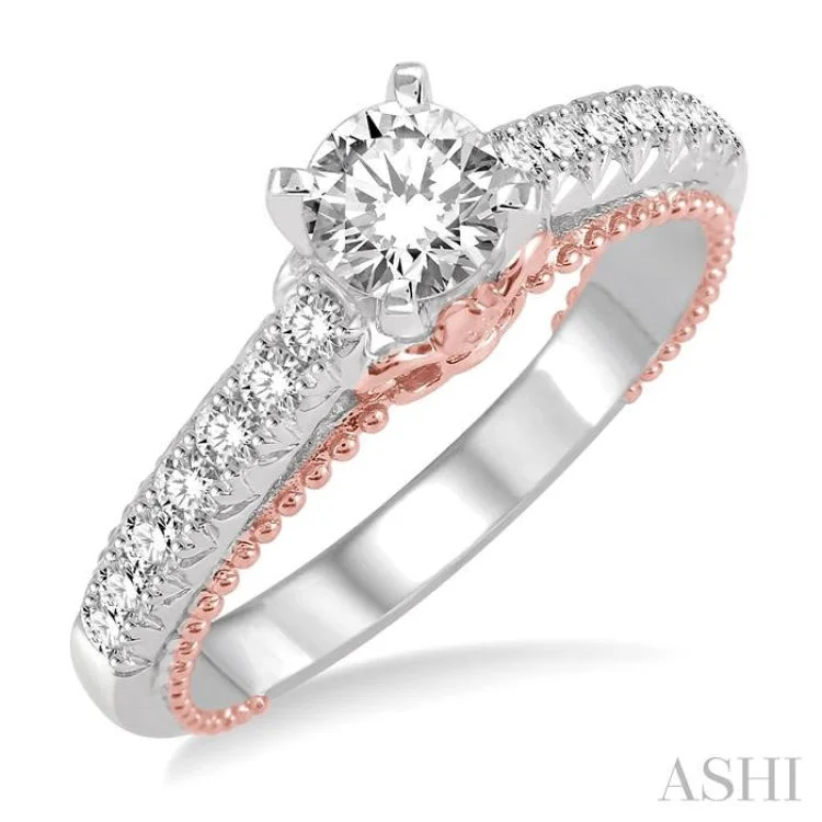 Ladies engagement rings classic designs-7/8 Ctw Diamond Engagement Ring with 1/2 Ct Round Cut Center Stone in 14K White and Rose Gold