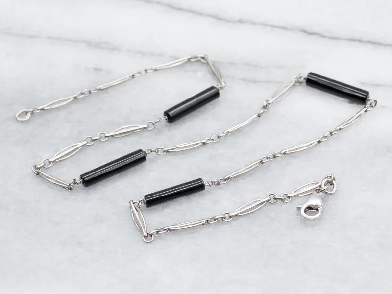 Ladies necklaces price range-Vintage Platinum and Black Onyx Watch Link Necklace