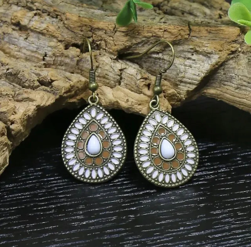 Ladies earrings animal themes-Boho White and Tan Teardrop Earrings