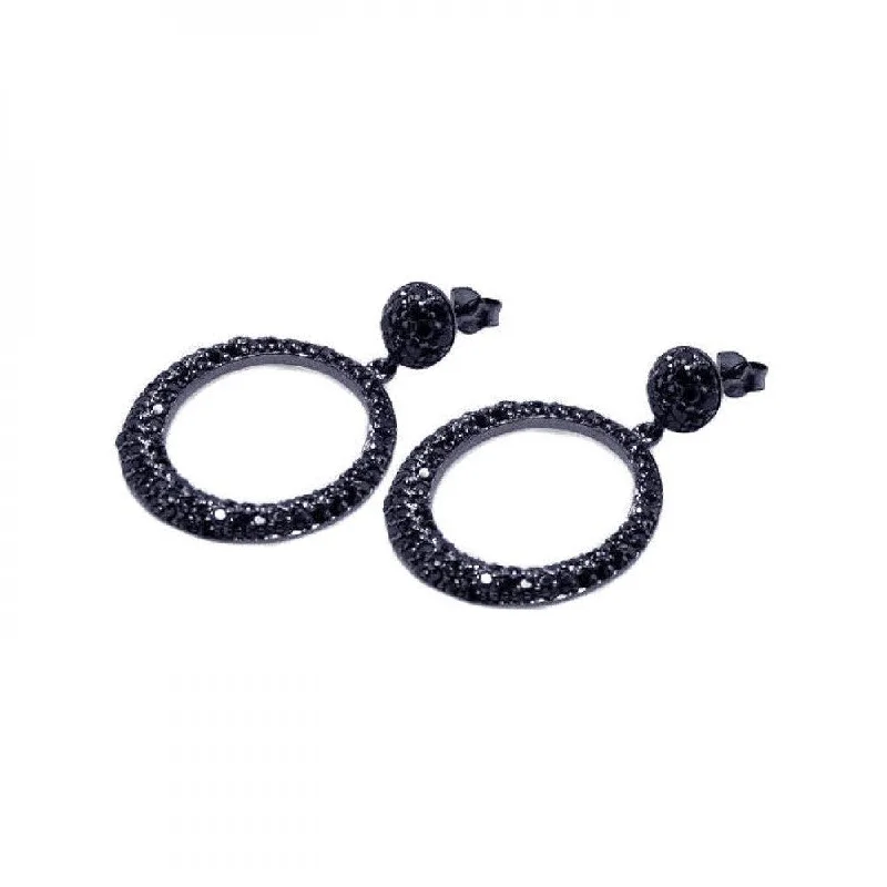 Ladies earrings hypoallergenic-Clearance-Silver 925 Black Rhodium Plated Round Black CZ Dangling Earrings - STE00277