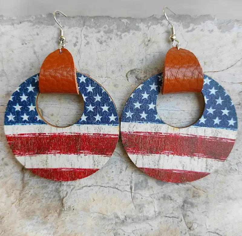 Ladies earrings cute accents-Leather Wrapped Round Wooden American Flag Earrings