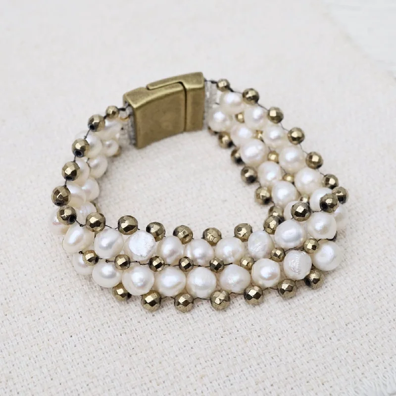 Ladies bracelets star motifs-Hand Woven Soft Bracelet of White Pearls & Pyrite