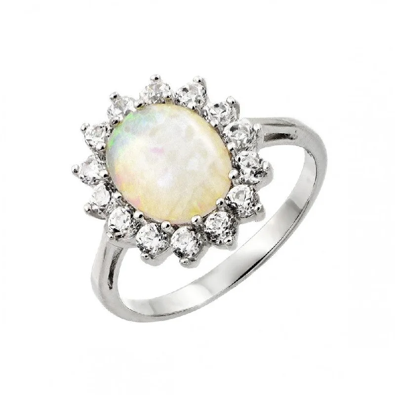 Ladies rings ring finger-Silver 925 Rhodium Plated White Opal Center Clear CZ Sun Ring - STR00991