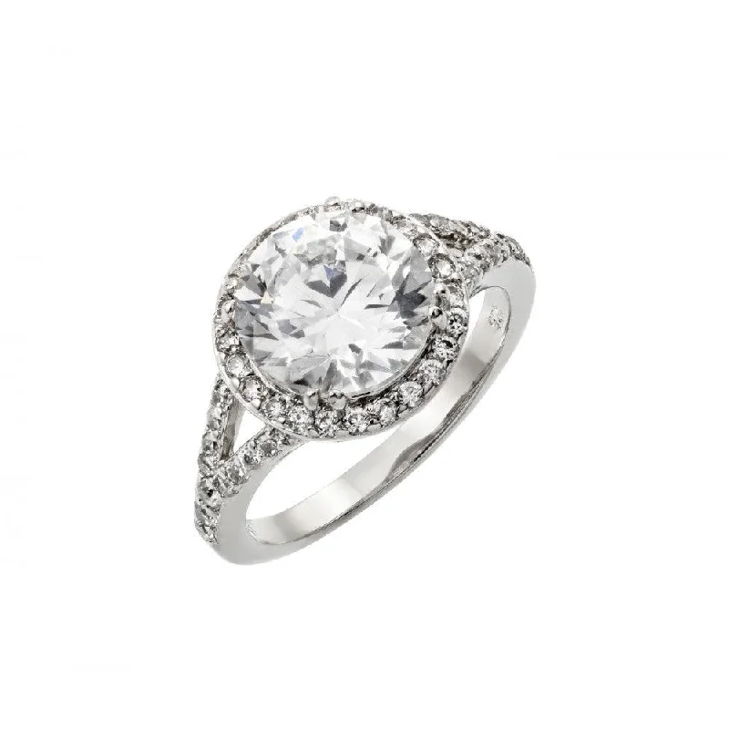 Ladies rings collectible items-Silver 925 Rhodium Plated Clear Round and Cluster CZ Bridal Ring - BGR00873