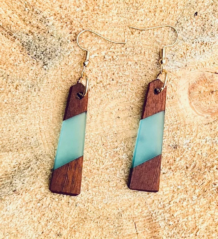 Ladies earrings boho flair-Wood and Blue Resin Earrings