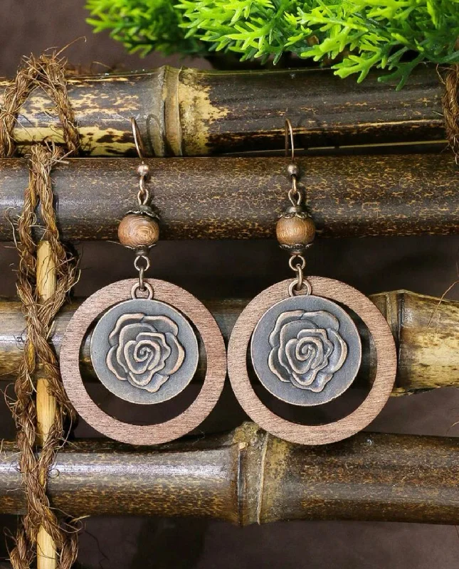 Ladies earrings size guide-Round Wooden Rose Drop Earrings