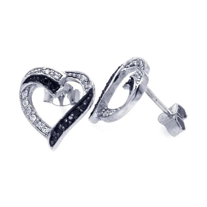 Ladies earrings floral accents-Silver 925 Black and Silver Rhodium Plated Round Clear CZ Heart Post Earrings - STE00701