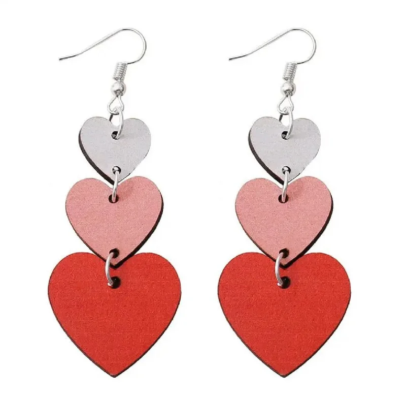 Ladies earrings online shopping-Red, White, and Pink Wooden Heart Drop Earrings