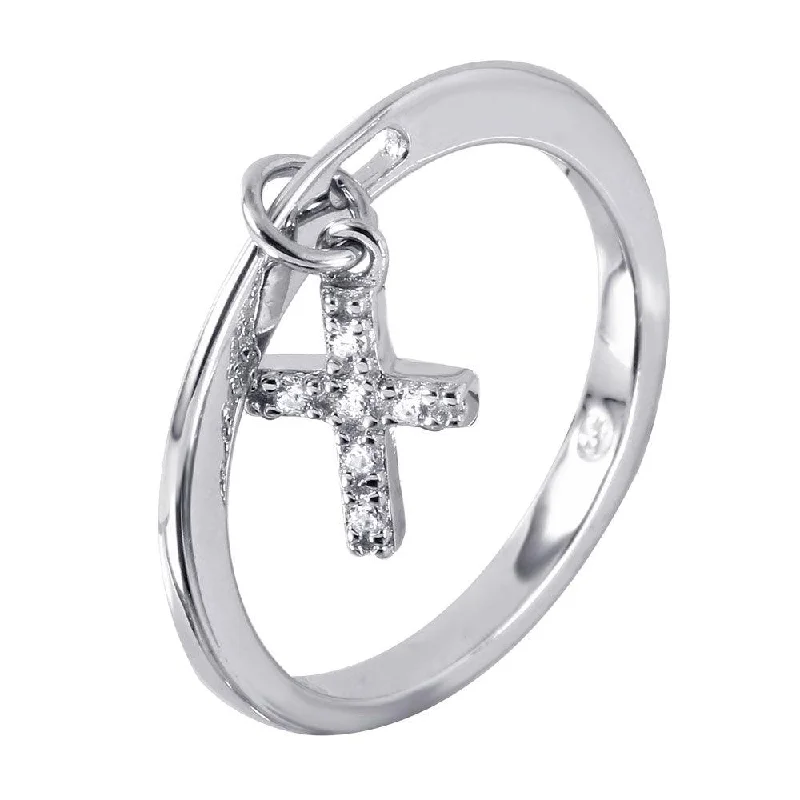 Ladies rings party wear-Silver 925 Ring Dangling Cross with CZ Accents - BGR00939