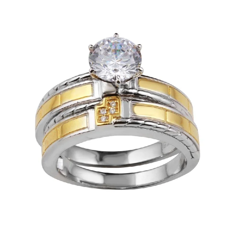 Ladies rings white gold-Two-Tone 925 Sterling Silver His and Hers Ring Set with CZ - GMR00257RG