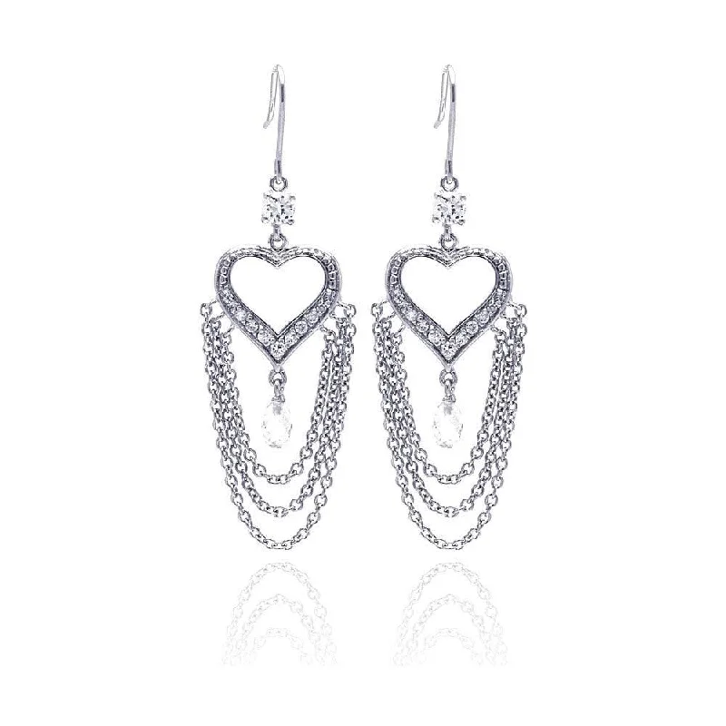 Ladies earrings elegant designs-Clearance-Silver 925 Rhodium Plated Heart Shape Chandelier CZ Wire Dangling Hook Earrings - STE00096